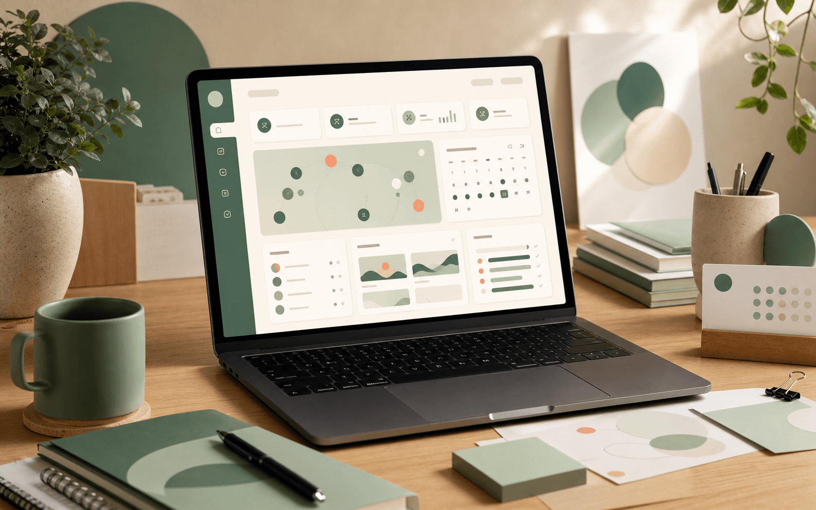 A laptop showing an abstract community management dashboard with event cards and member circles.