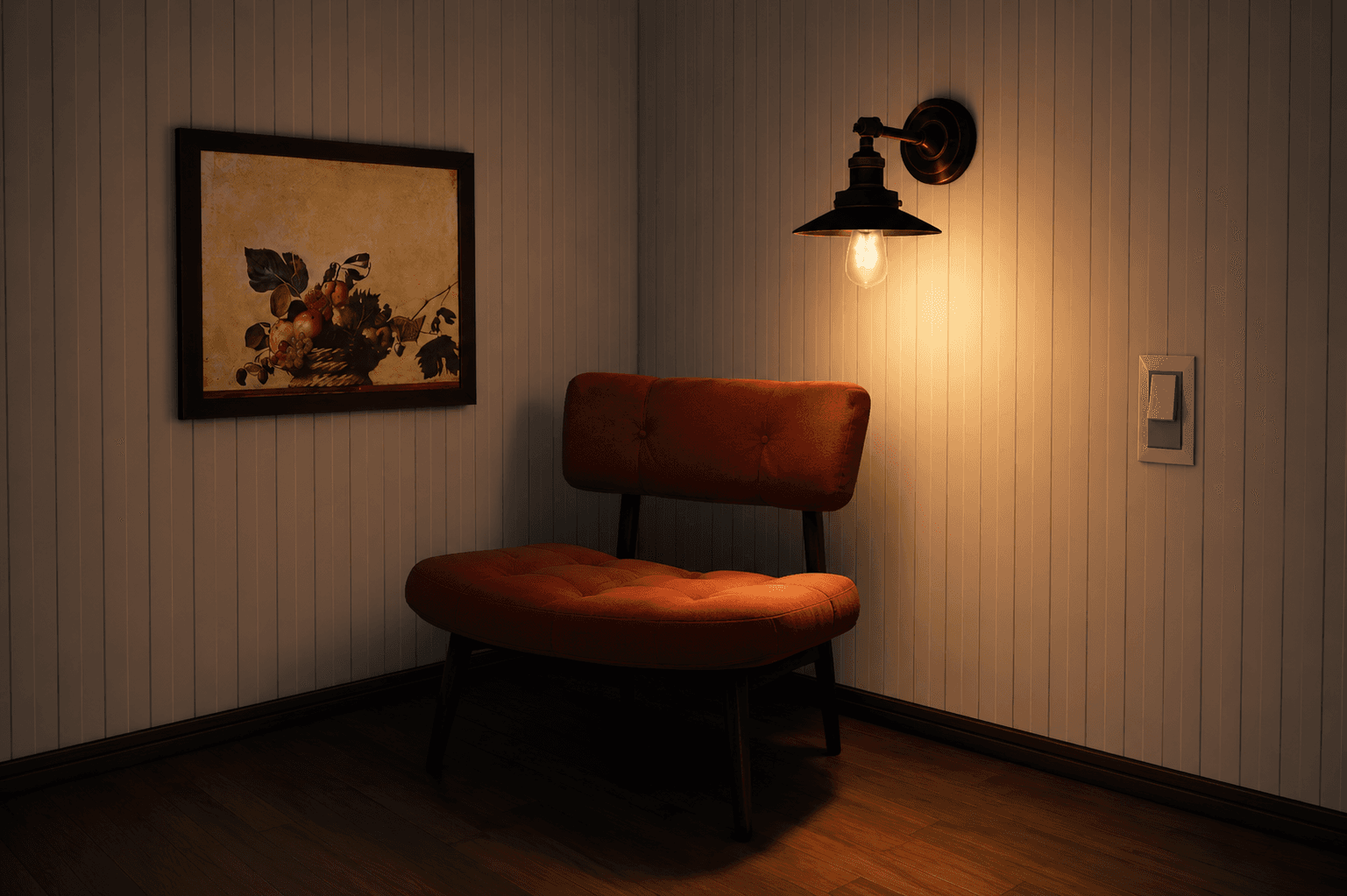 A warm desk lamp lighting an empty room with wallpaper swatches and a customizable chair.